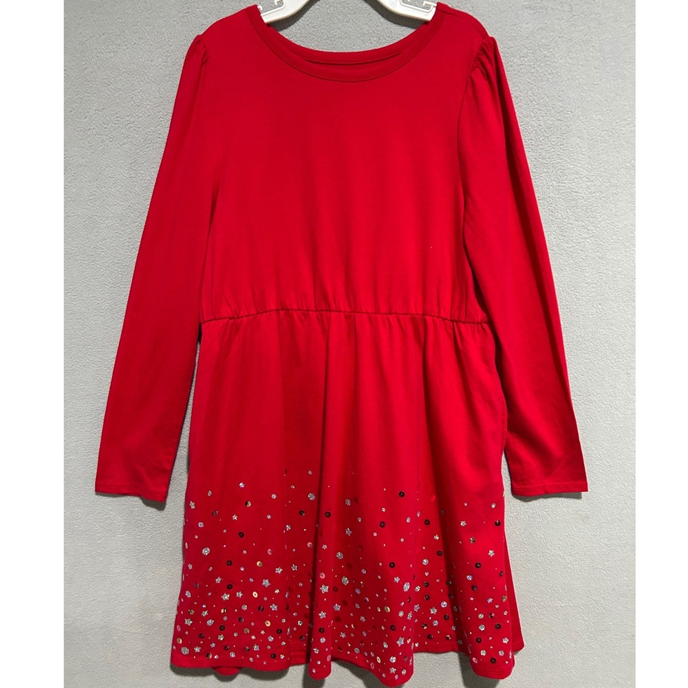 Lands End Dress Girls Small 7-8 Red Long Sleeve bedazzled Cotton Jersey Pockets